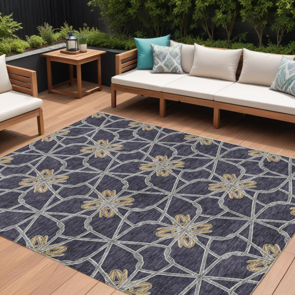 9' X 12' Charcoal And Gold Geometric Washable Indoor Outdoor Area Rug-613426-1
