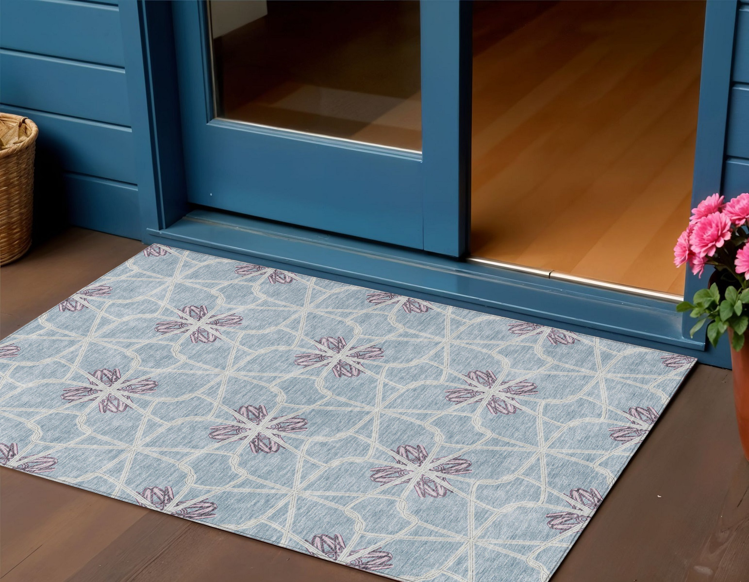 3' X 5' Denim Blue And Ivory Geometric Washable Indoor Outdoor Area Rug-613428-1