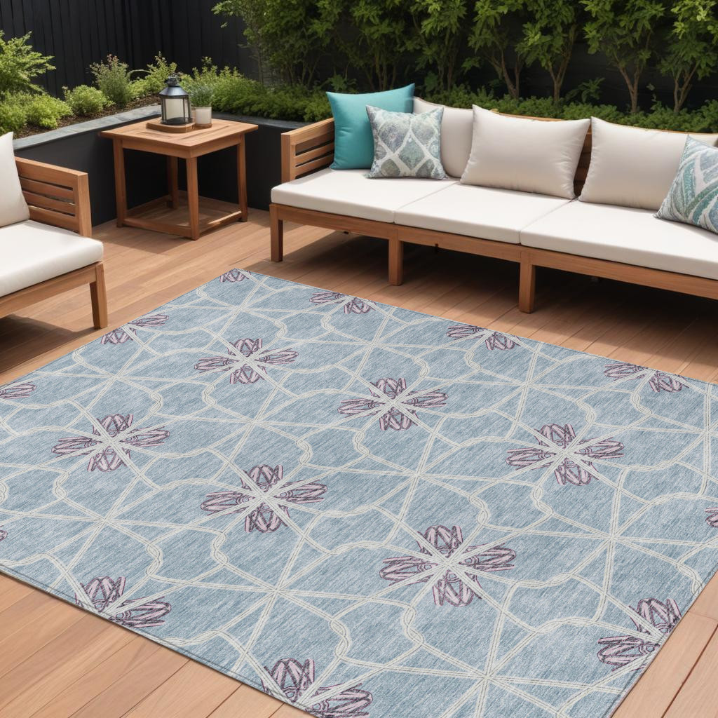 9' X 12' Denim Blue And Ivory Geometric Washable Indoor Outdoor Area Rug-613432-1