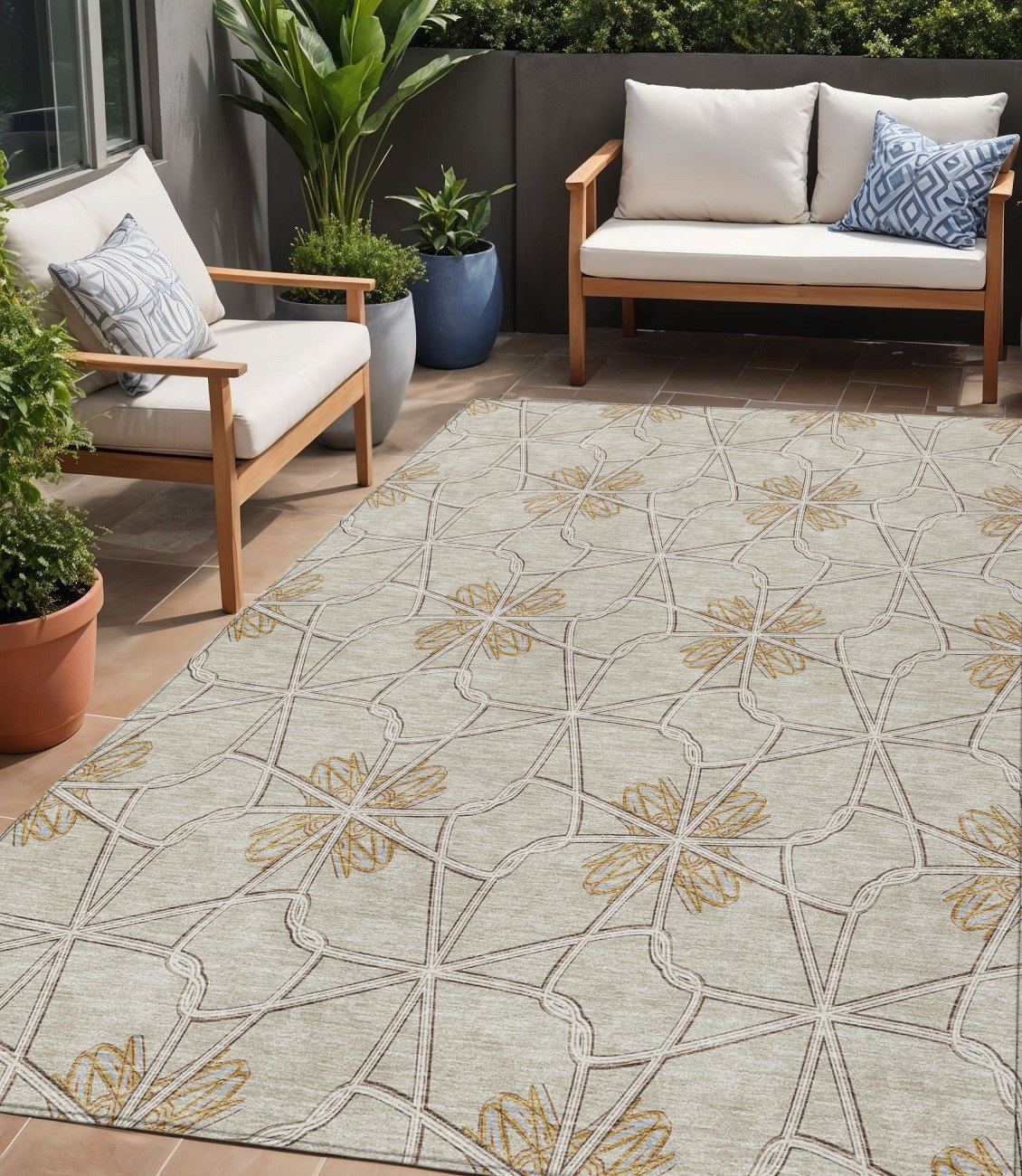 5' X 8' Ivory And Gold Geometric Washable Indoor Outdoor Area Rug-613435-1