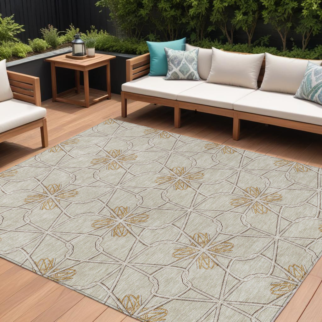 9' X 12' Ivory And Gold Geometric Washable Indoor Outdoor Area Rug-613438-1