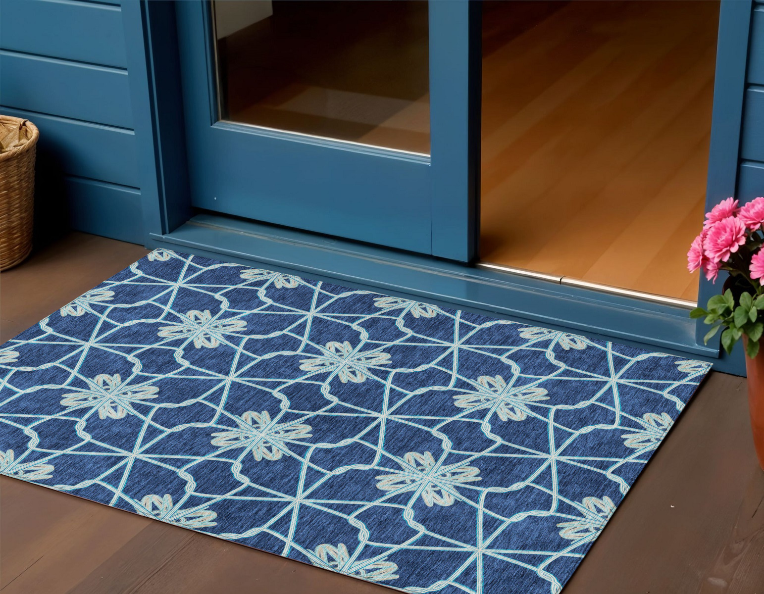 3' X 5' Navy Blue And Aqua Geometric Washable Indoor Outdoor Area Rug-613440-1