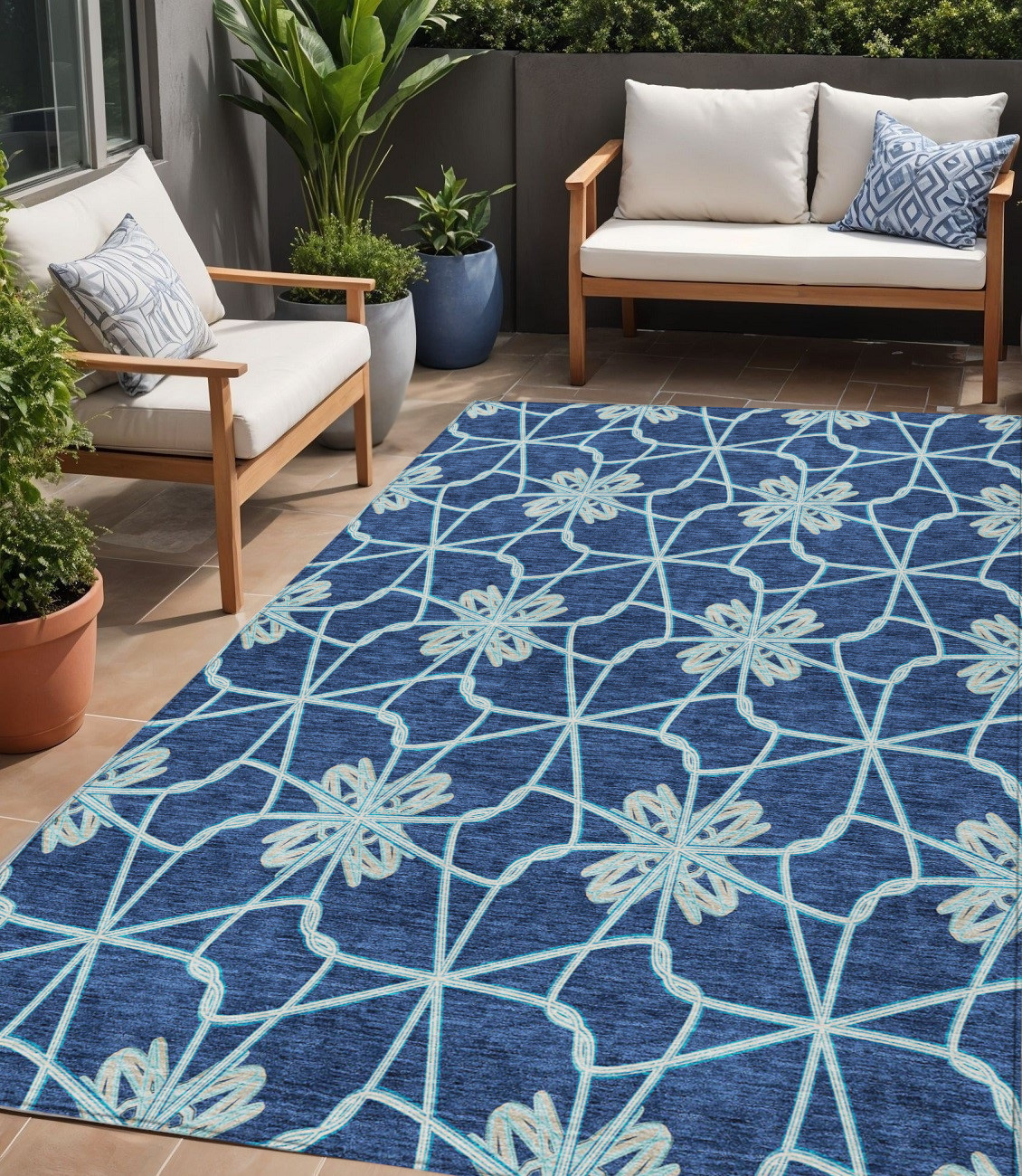 5' X 8' Navy Blue And Aqua Geometric Washable Indoor Outdoor Area Rug-613441-1