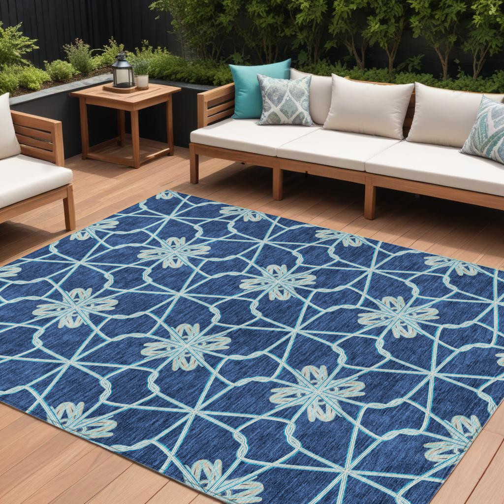 9' X 12' Navy Blue And Aqua Geometric Washable Indoor Outdoor Area Rug-613444-1