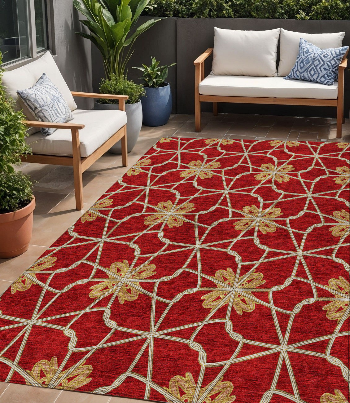 5' X 8' Orange And Gold Geometric Washable Indoor Outdoor Area Rug-613447-1