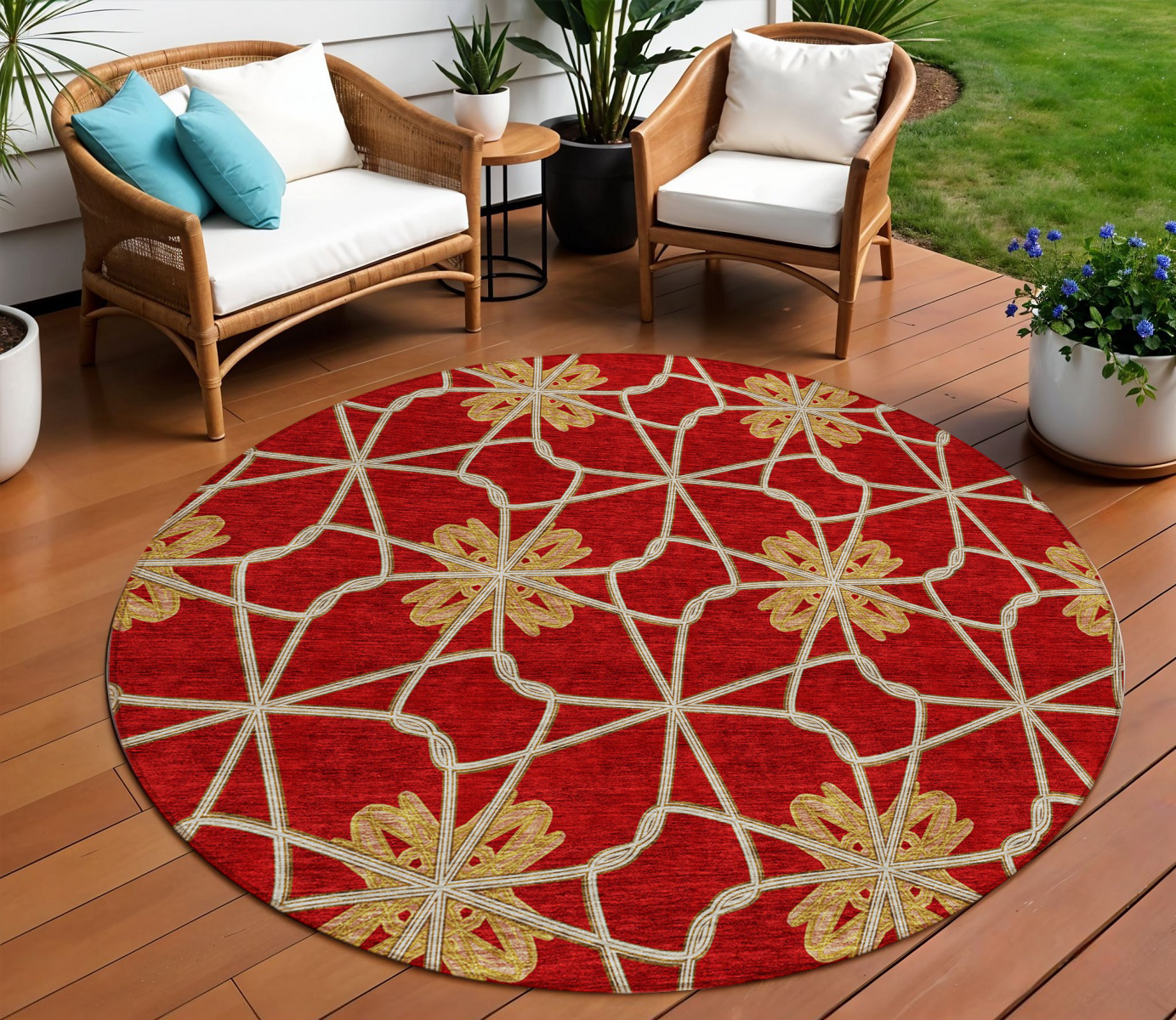8' Orange And Gold Round Geometric Washable Indoor Outdoor Area Rug-613448-1