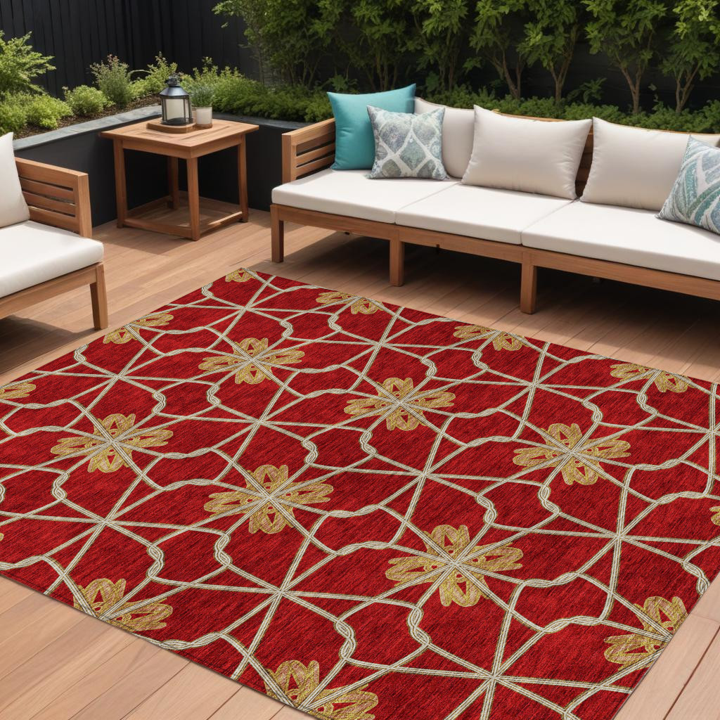9' X 12' Orange And Gold Geometric Washable Indoor Outdoor Area Rug-613450-1