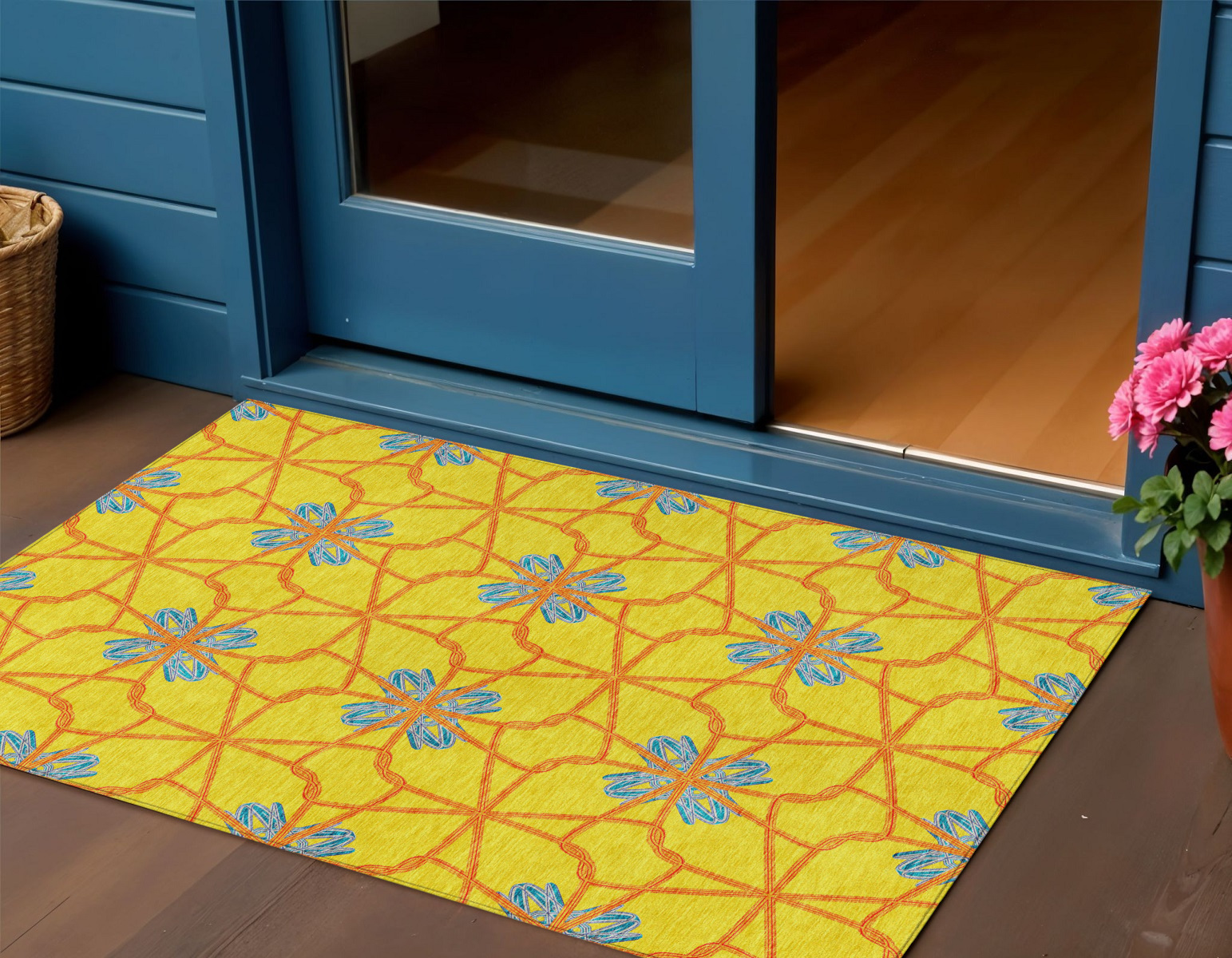 3' X 5' Yellow And Teal Blue Geometric Washable Indoor Outdoor Area Rug-613452-1