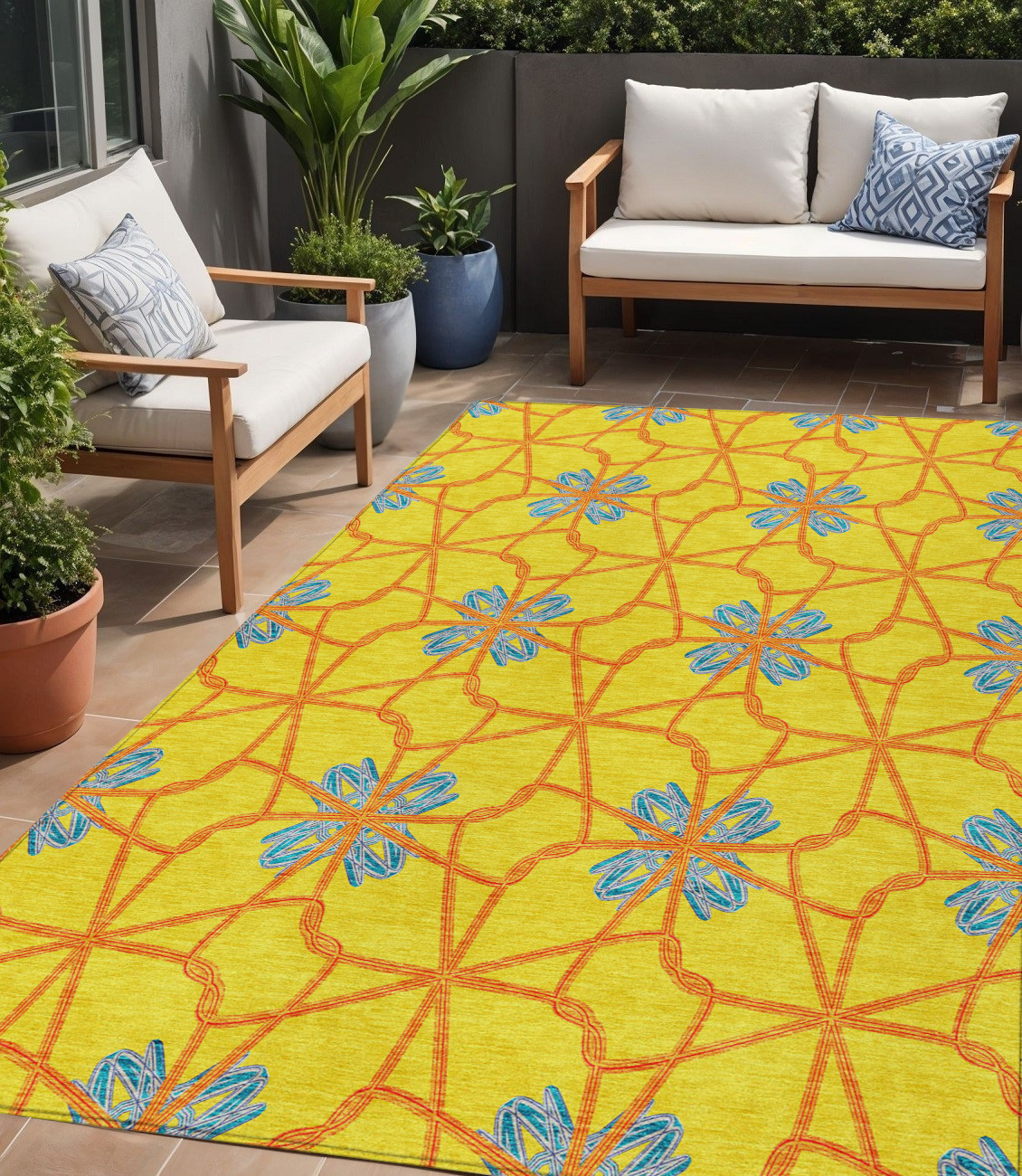 5' X 8' Yellow And Teal Blue Geometric Washable Indoor Outdoor Area Rug-613453-1