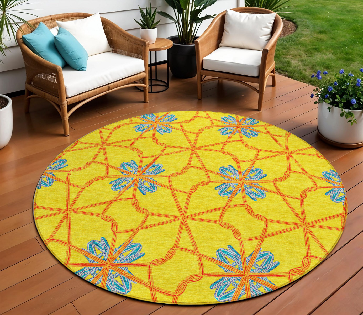 8' Yellow And Teal Blue Round Geometric Washable Indoor Outdoor Area Rug-613454-1