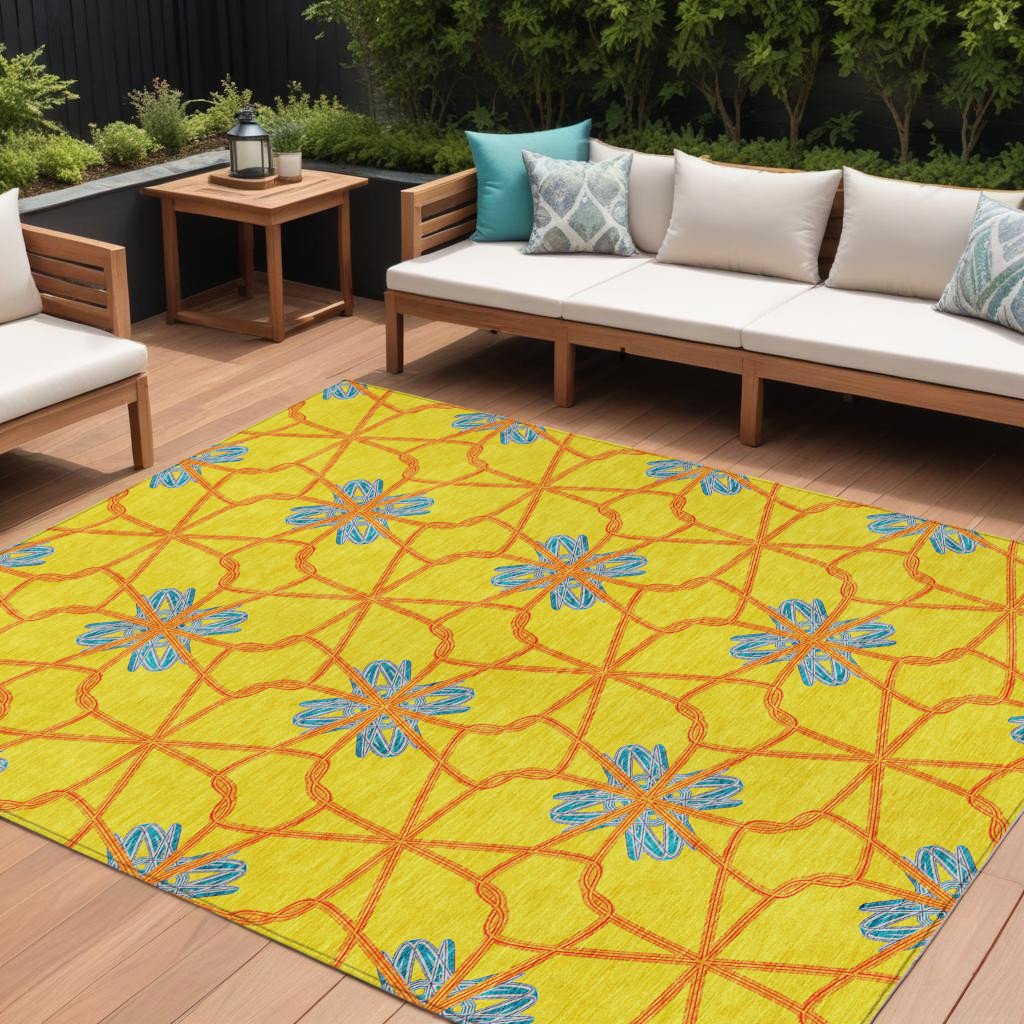9' X 12' Yellow And Teal Blue Geometric Washable Indoor Outdoor Area Rug-613456-1