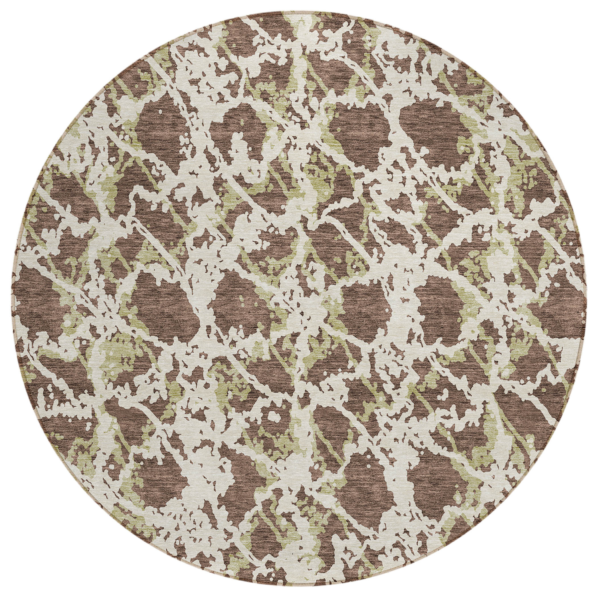 8' Brown And Ivory Round Abstract Washable Indoor Outdoor Area Rug-614145-1