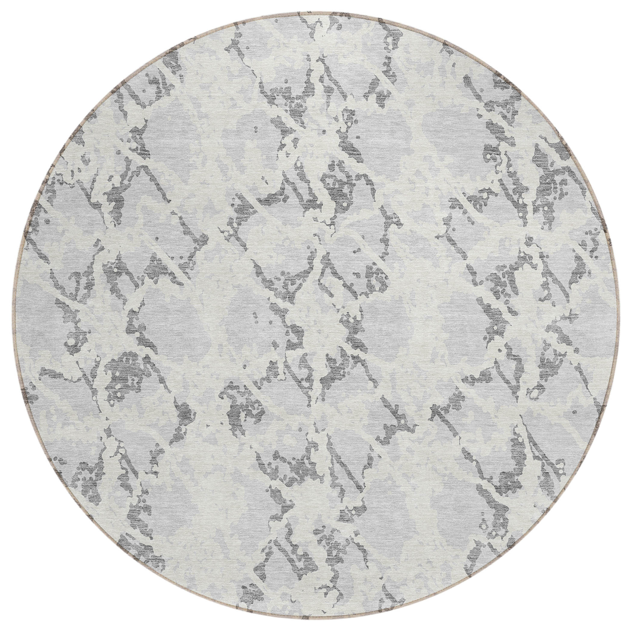 8' Silver And Ivory Round Abstract Washable Indoor Outdoor Area Rug-614187-1