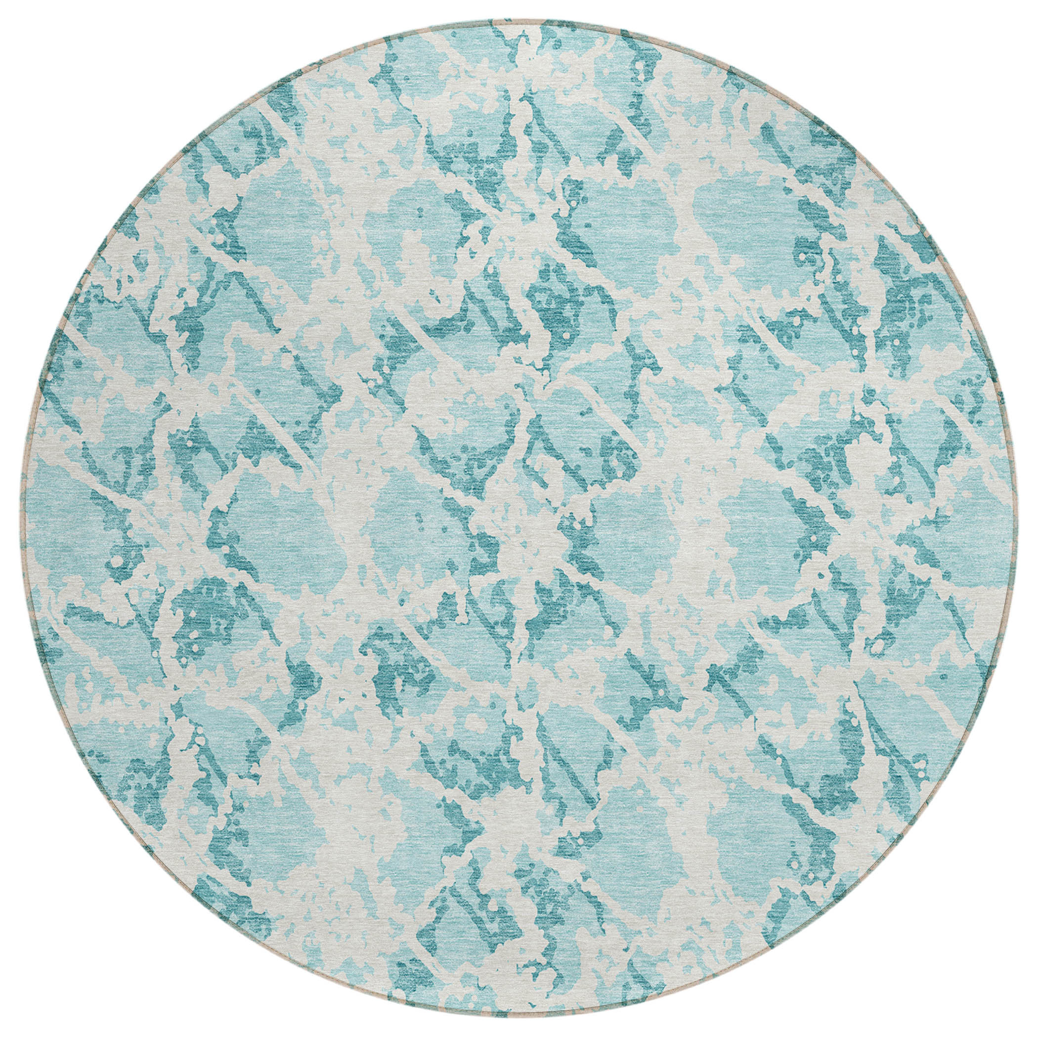 8' Teal Blue And Ivory Round Abstract Washable Indoor Outdoor Area Rug-614193-1