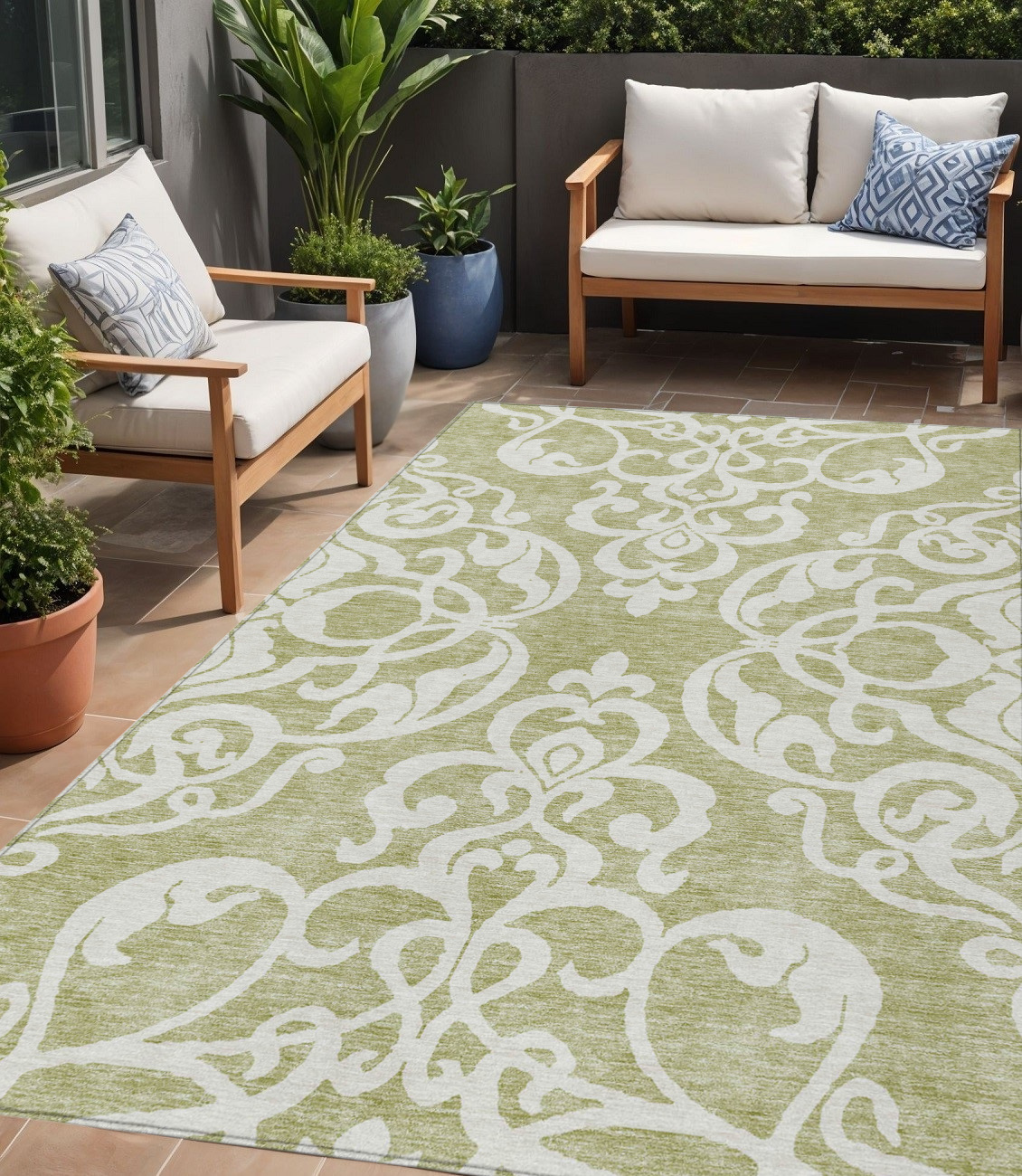 5' X 8' Sage And Ivory Damask Washable Indoor Outdoor Area Rug-614396-1