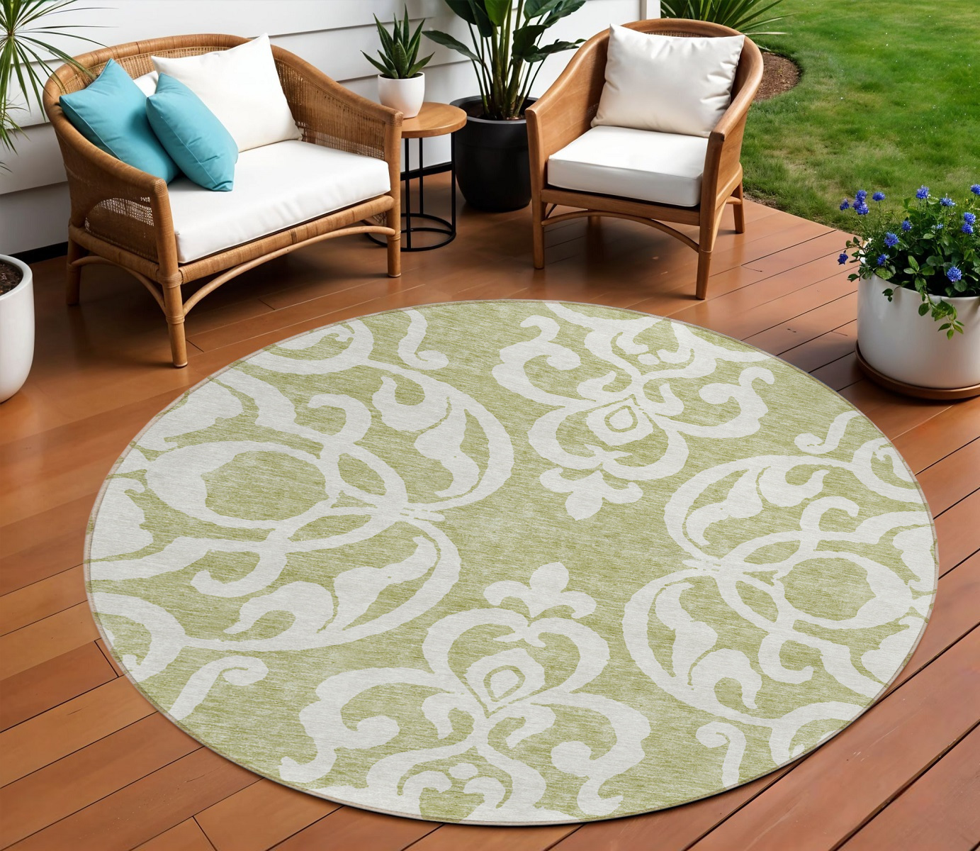 8' Sage And Ivory Round Damask Washable Indoor Outdoor Area Rug-614397-1