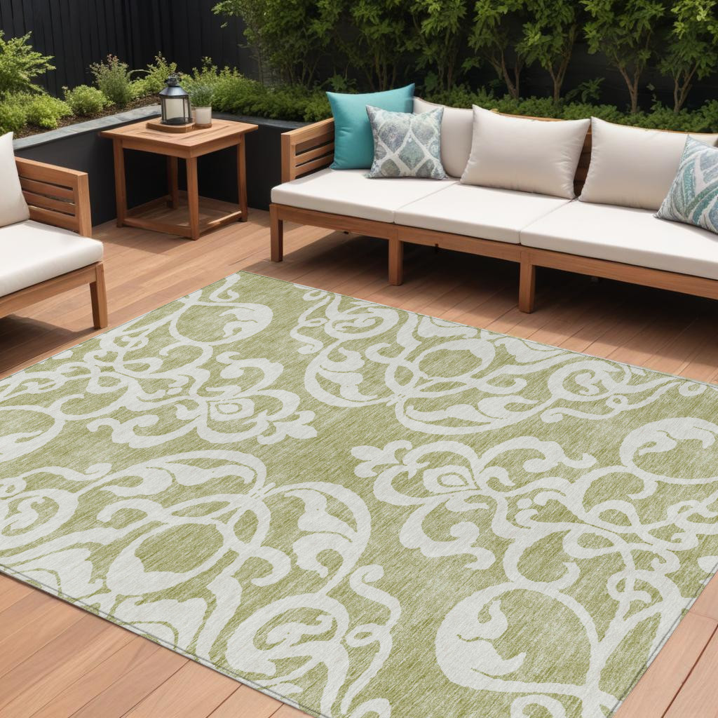 9' X 12' Sage And Ivory Damask Washable Indoor Outdoor Area Rug-614399-1