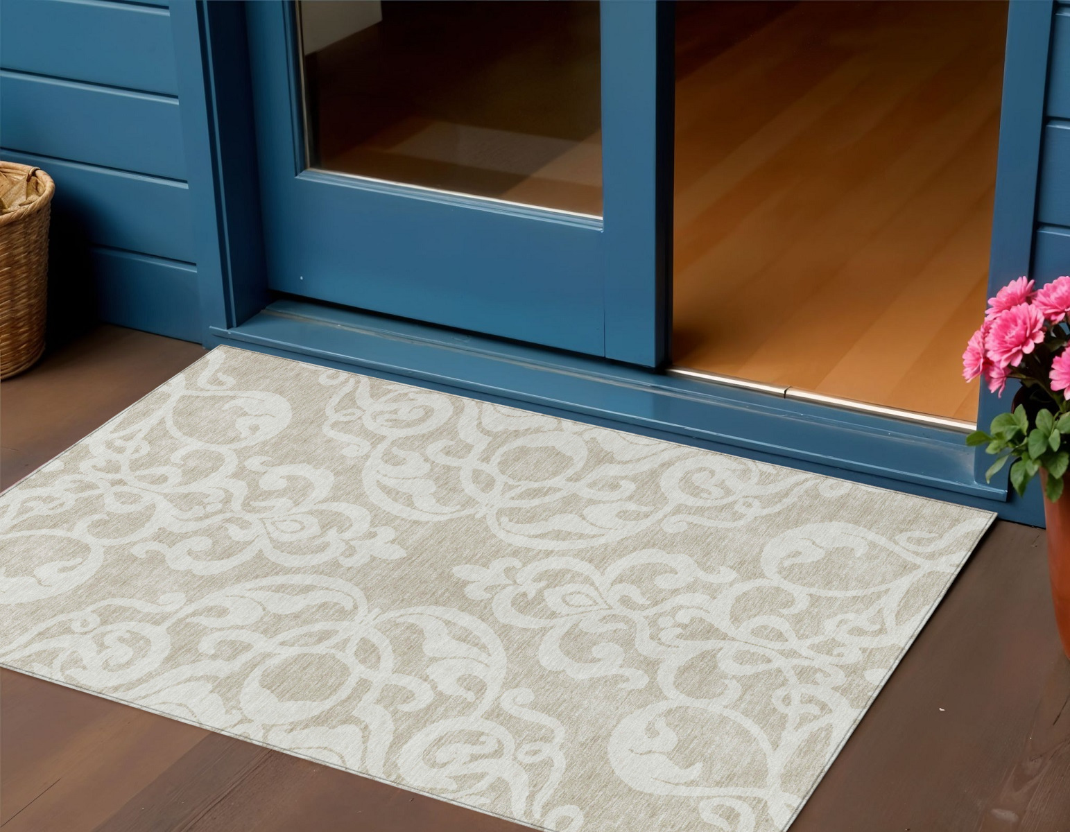 3' X 5' Beige And Ivory Damask Washable Indoor Outdoor Area Rug-614401-1