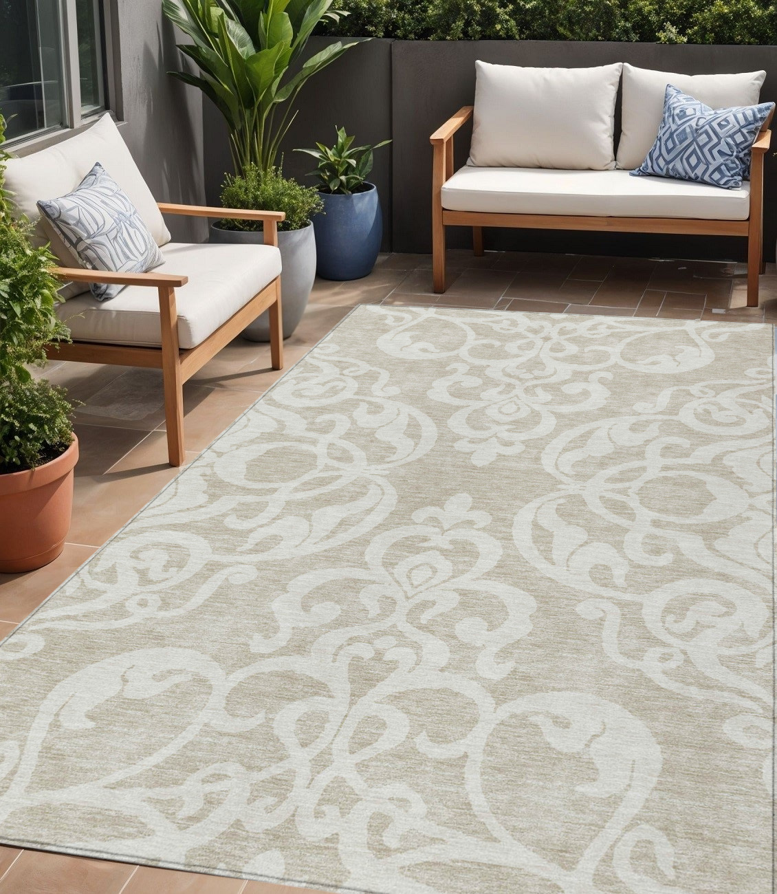 5' X 8' Beige And Ivory Damask Washable Indoor Outdoor Area Rug-614402-1