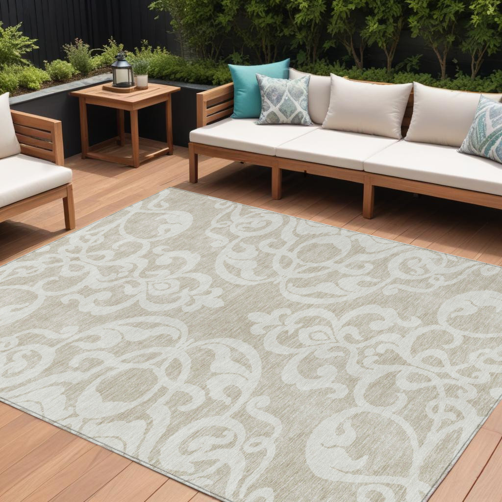 8' X 10' Beige And Ivory Damask Washable Indoor Outdoor Area Rug-614404-1