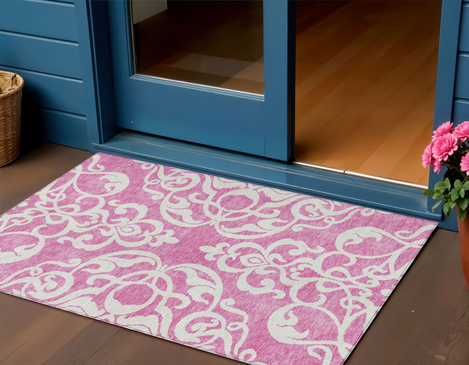 3' X 5' Blush And Ivory Damask Washable Indoor Outdoor Area Rug-614413-1