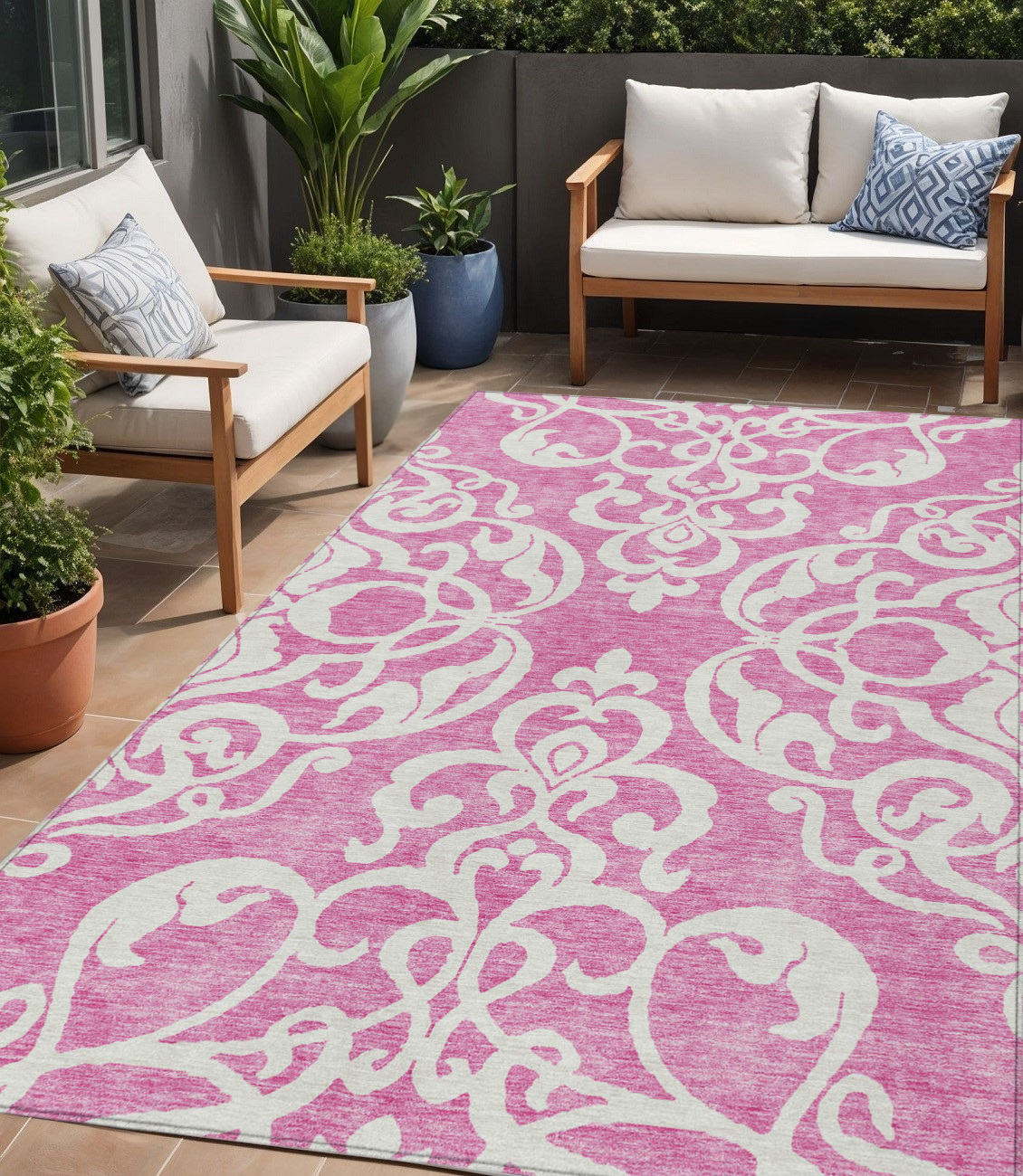 5' X 8' Blush And Ivory Damask Washable Indoor Outdoor Area Rug-614414-1