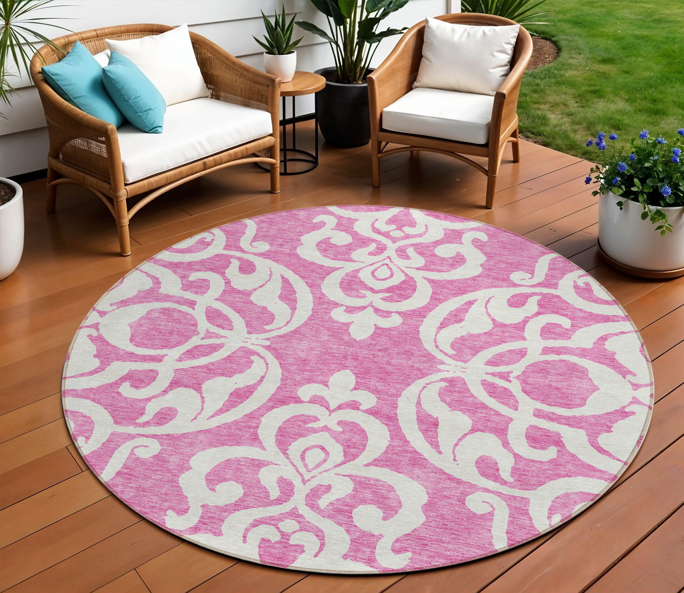 8' Blush And Ivory Round Damask Washable Indoor Outdoor Area Rug-614415-1