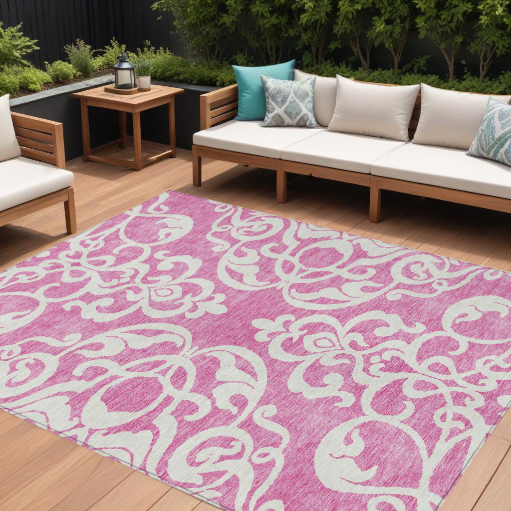 10' X 14' Blush And Ivory Damask Washable Indoor Outdoor Area Rug-614418-1