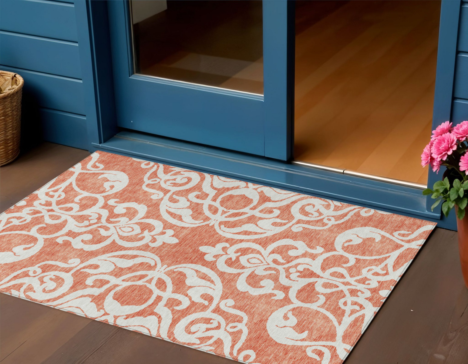 3' X 5' Coral And Ivory Damask Washable Indoor Outdoor Area Rug-614419-1