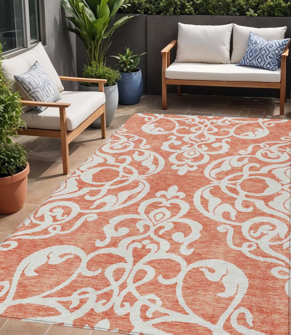 5' X 8' Coral And Ivory Damask Washable Indoor Outdoor Area Rug-614420-1