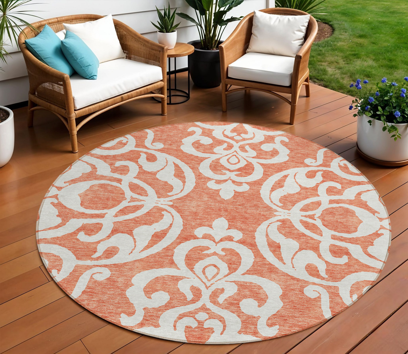 8' Coral And Ivory Round Damask Washable Indoor Outdoor Area Rug-614421-1