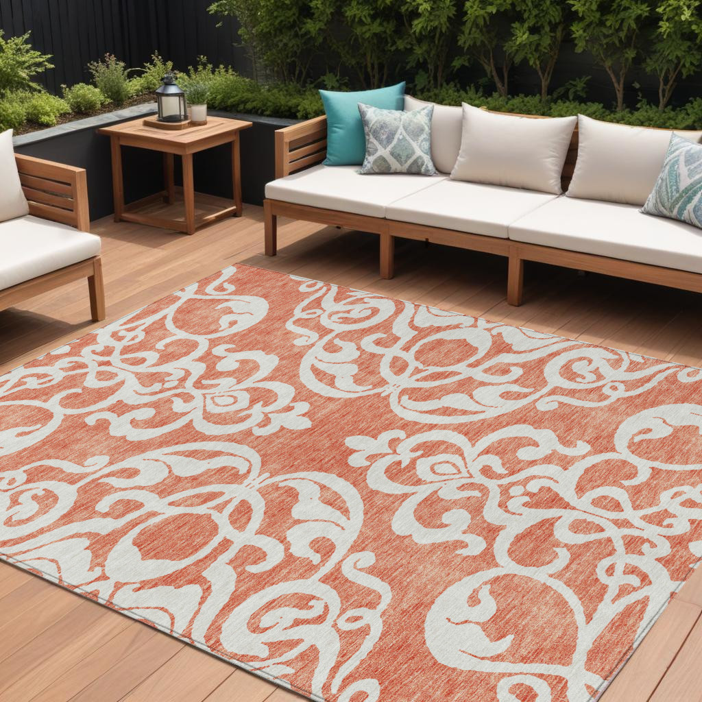 10' X 14' Coral And Ivory Damask Washable Indoor Outdoor Area Rug-614424-1