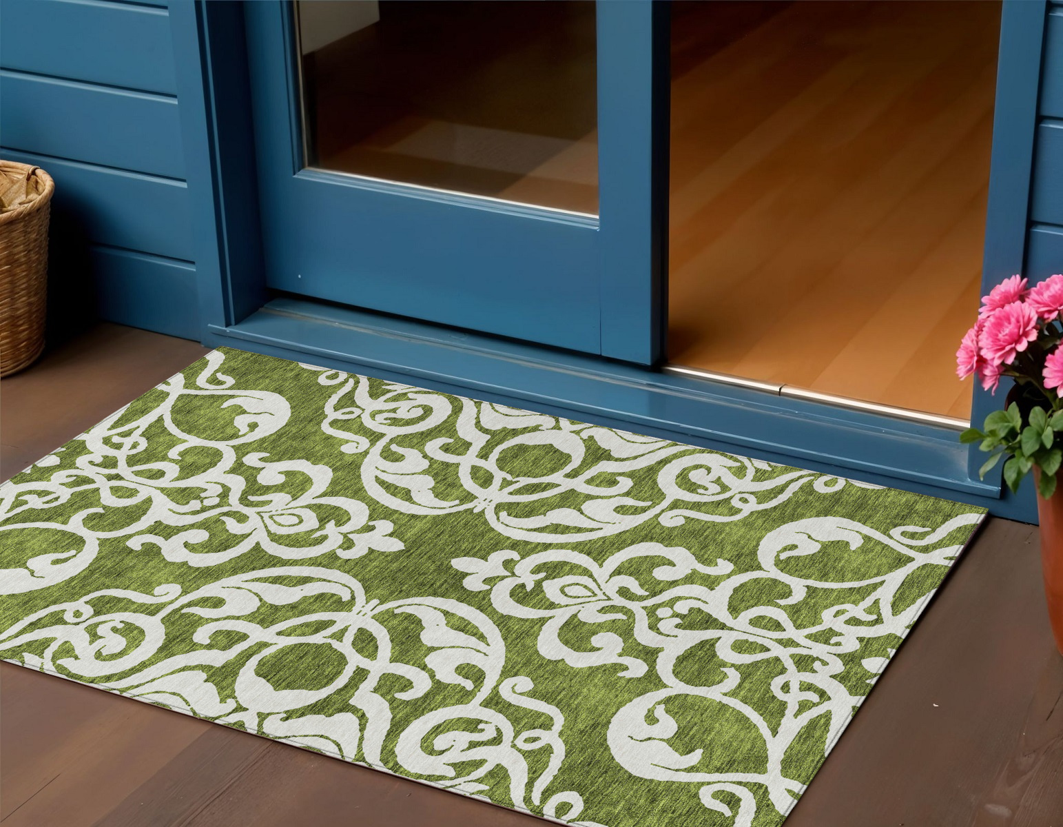 3' X 5' Green And Ivory Damask Washable Indoor Outdoor Area Rug-614425-1