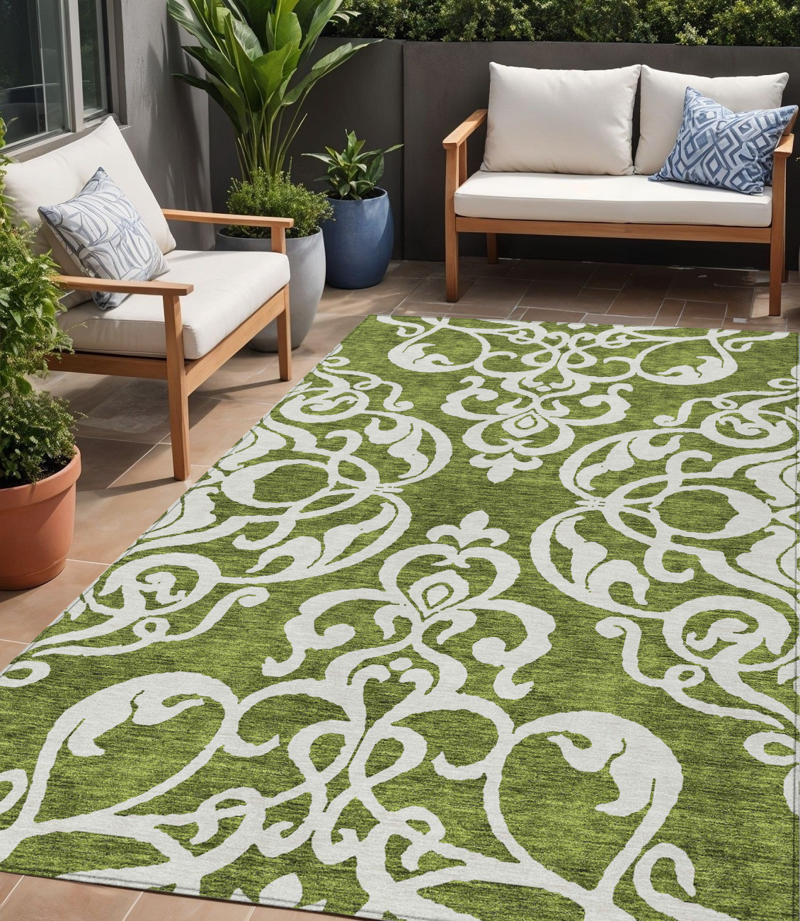 5' X 8' Green And Ivory Damask Washable Indoor Outdoor Area Rug-614426-1