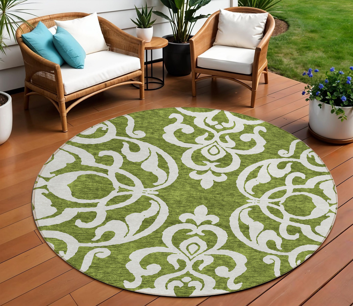 8' Green And Ivory Round Damask Washable Indoor Outdoor Area Rug-614427-1