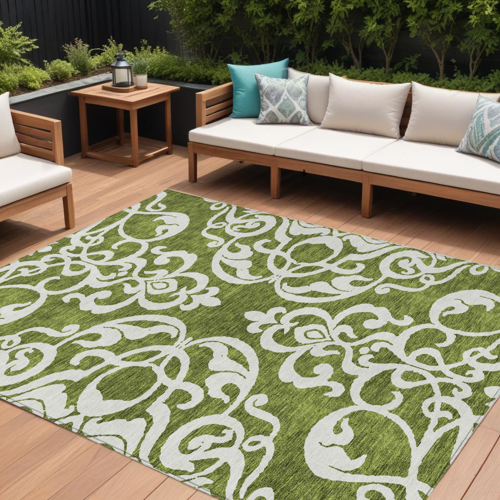 8' X 10' Green And Ivory Damask Washable Indoor Outdoor Area Rug-614428-1