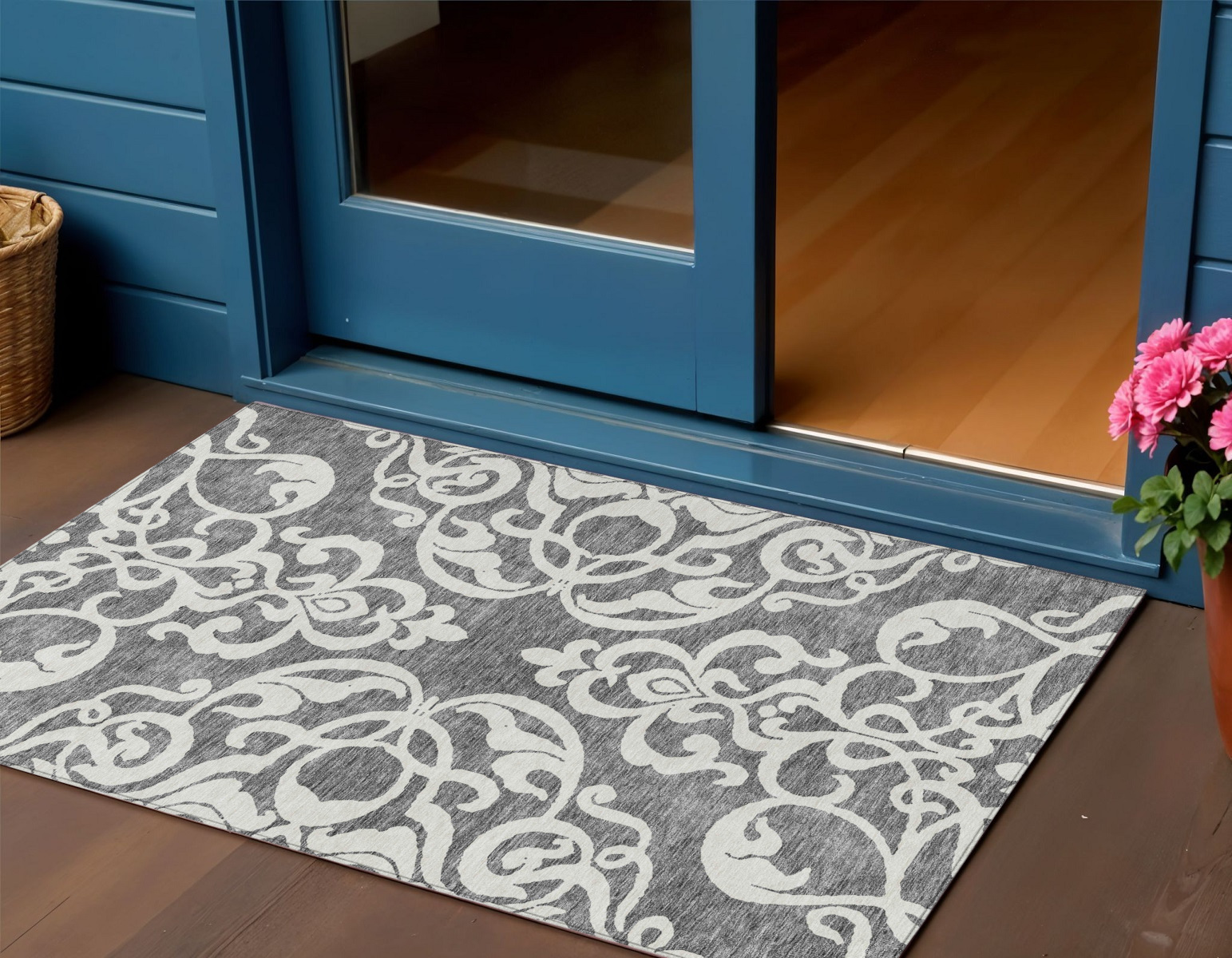 3' X 5' Gray And Ivory Damask Washable Indoor Outdoor Area Rug-614431-1