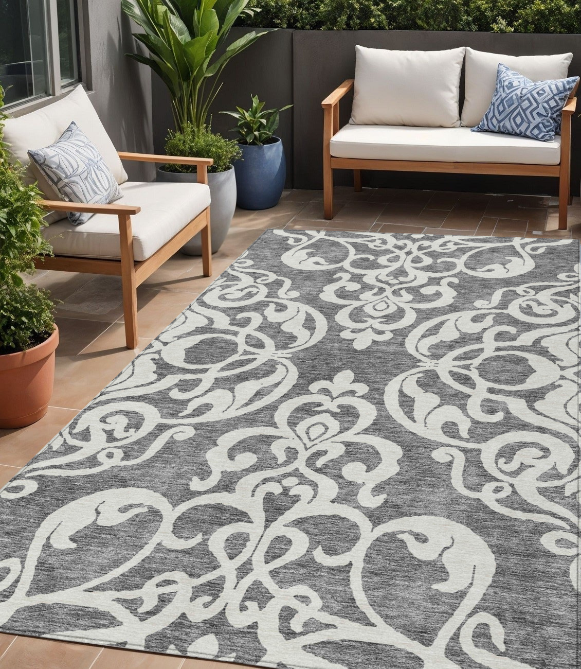 5' X 8' Gray And Ivory Damask Washable Indoor Outdoor Area Rug-614432-1