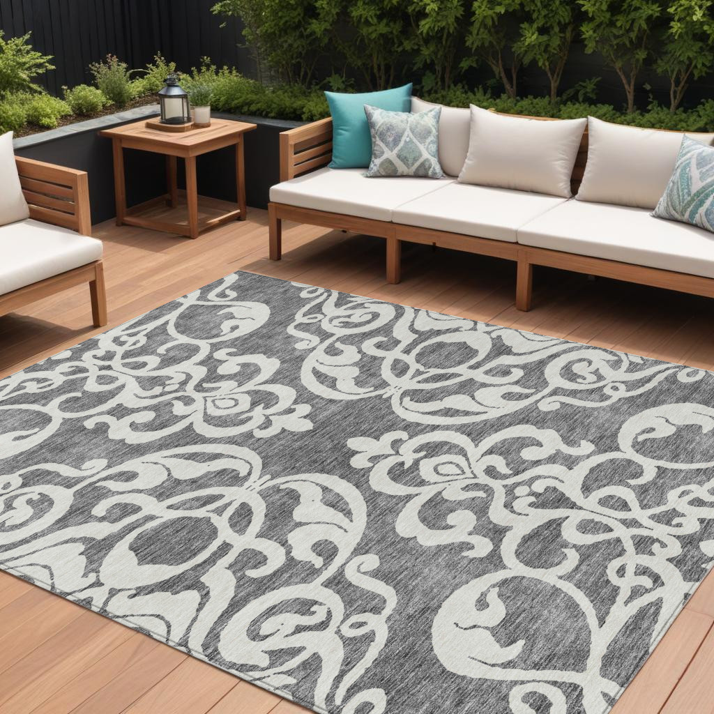 9' X 12' Gray And Ivory Damask Washable Indoor Outdoor Area Rug-614435-1
