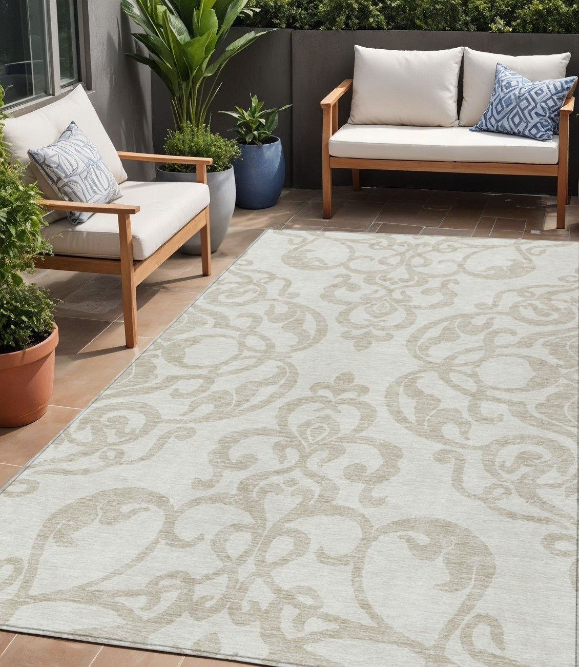 5' X 8' Ivory And Beige Damask Washable Indoor Outdoor Area Rug-614438-1