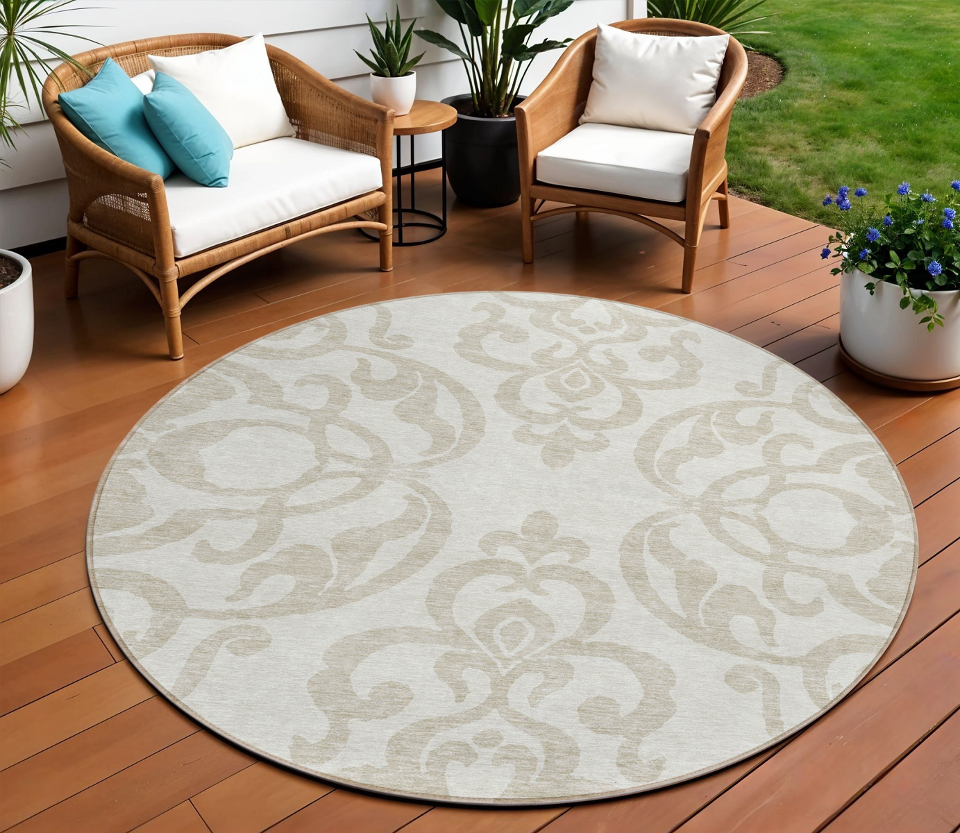 8' Ivory And Beige Round Damask Washable Indoor Outdoor Area Rug-614439-1
