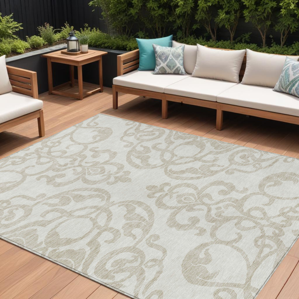 8' X 10' Ivory And Beige Damask Washable Indoor Outdoor Area Rug-614440-1