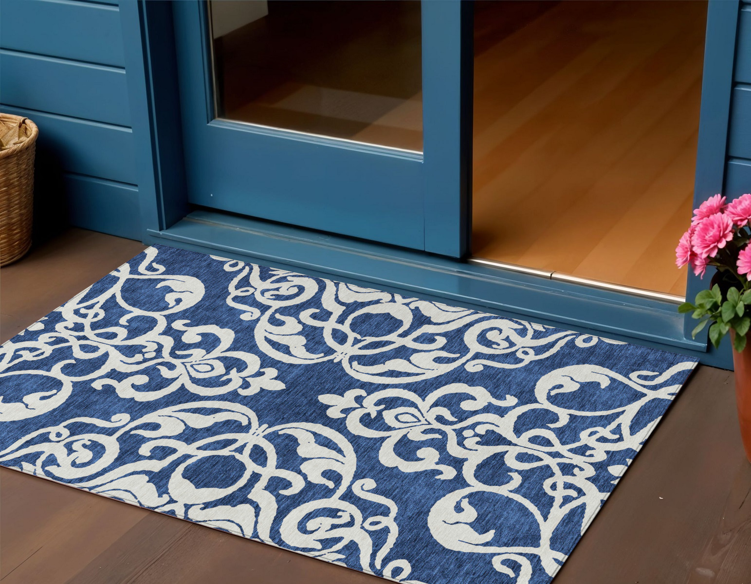 3' X 5' Navy Blue And Ivory Damask Washable Indoor Outdoor Area Rug-614443-1