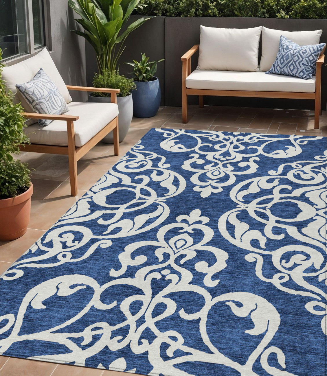5' X 8' Navy Blue And Ivory Damask Washable Indoor Outdoor Area Rug-614444-1