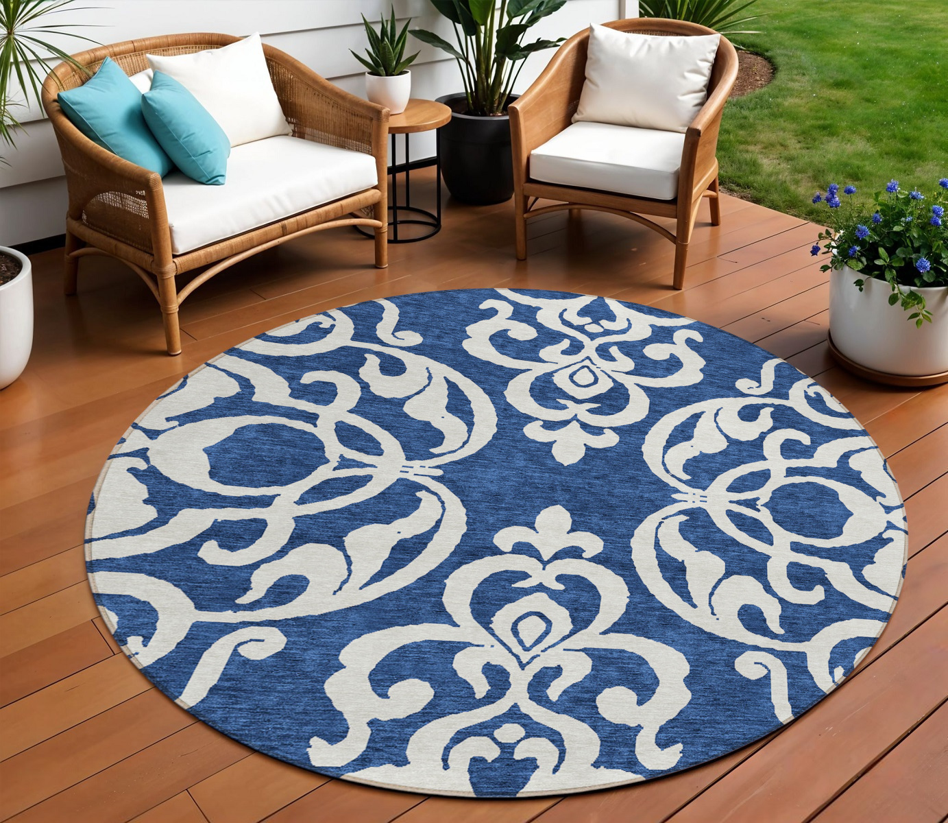 8' Navy Blue And Ivory Round Damask Washable Indoor Outdoor Area Rug-614445-1