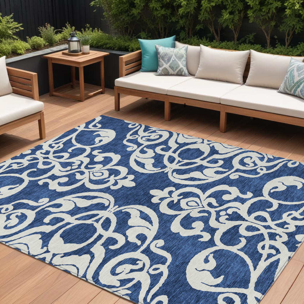 9' X 12' Navy Blue And Ivory Damask Washable Indoor Outdoor Area Rug-614447-1