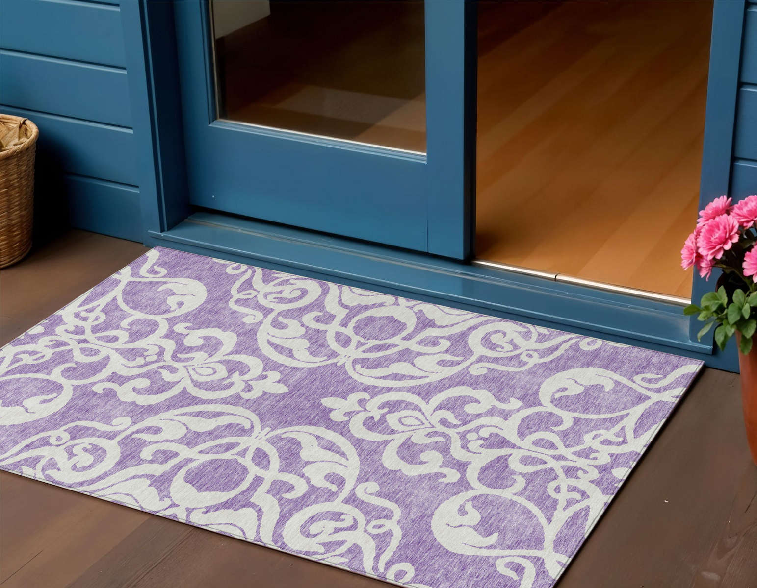 3' X 5' Purple And Ivory Damask Washable Indoor Outdoor Area Rug-614449-1