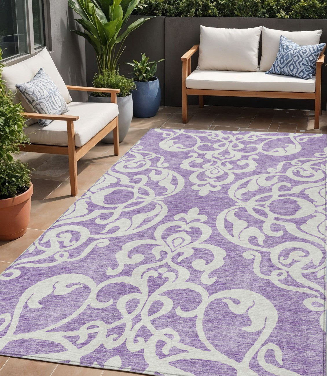 5' X 8' Purple And Ivory Damask Washable Indoor Outdoor Area Rug-614450-1