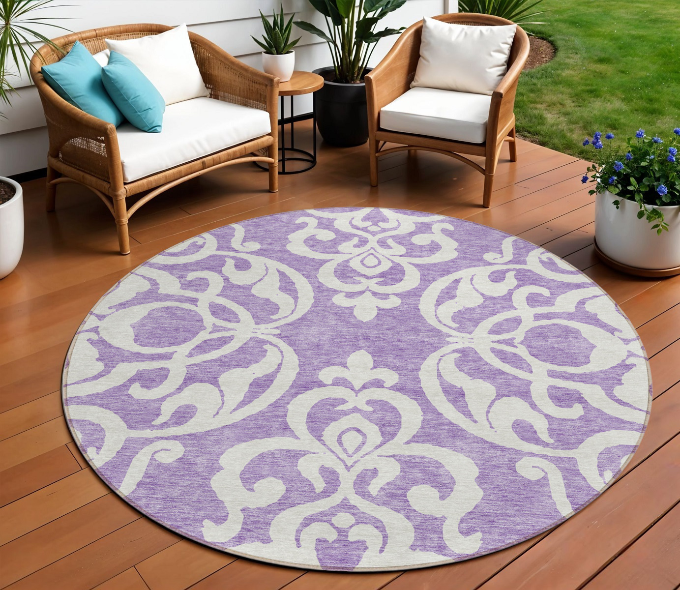 8' Purple And Ivory Round Damask Washable Indoor Outdoor Area Rug-614451-1