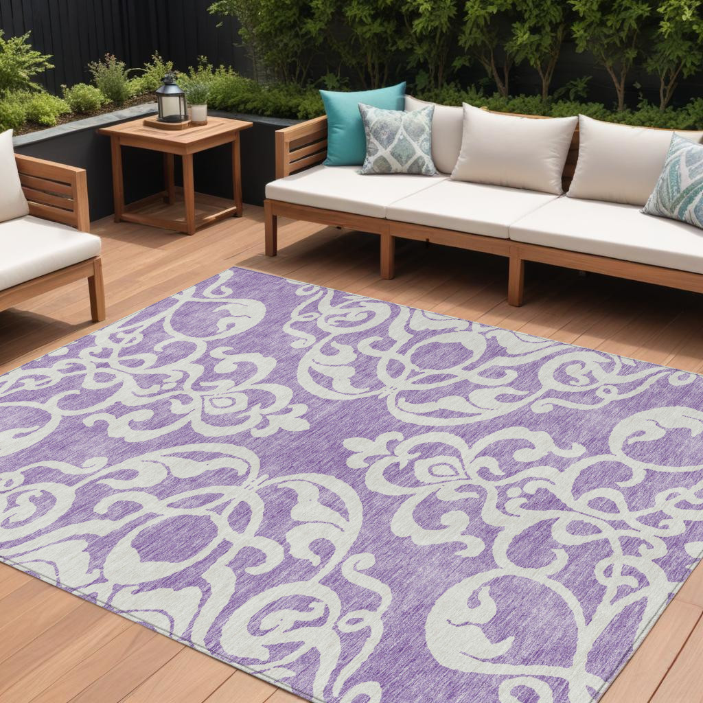 10' X 14' Purple And Ivory Damask Washable Indoor Outdoor Area Rug-614454-1